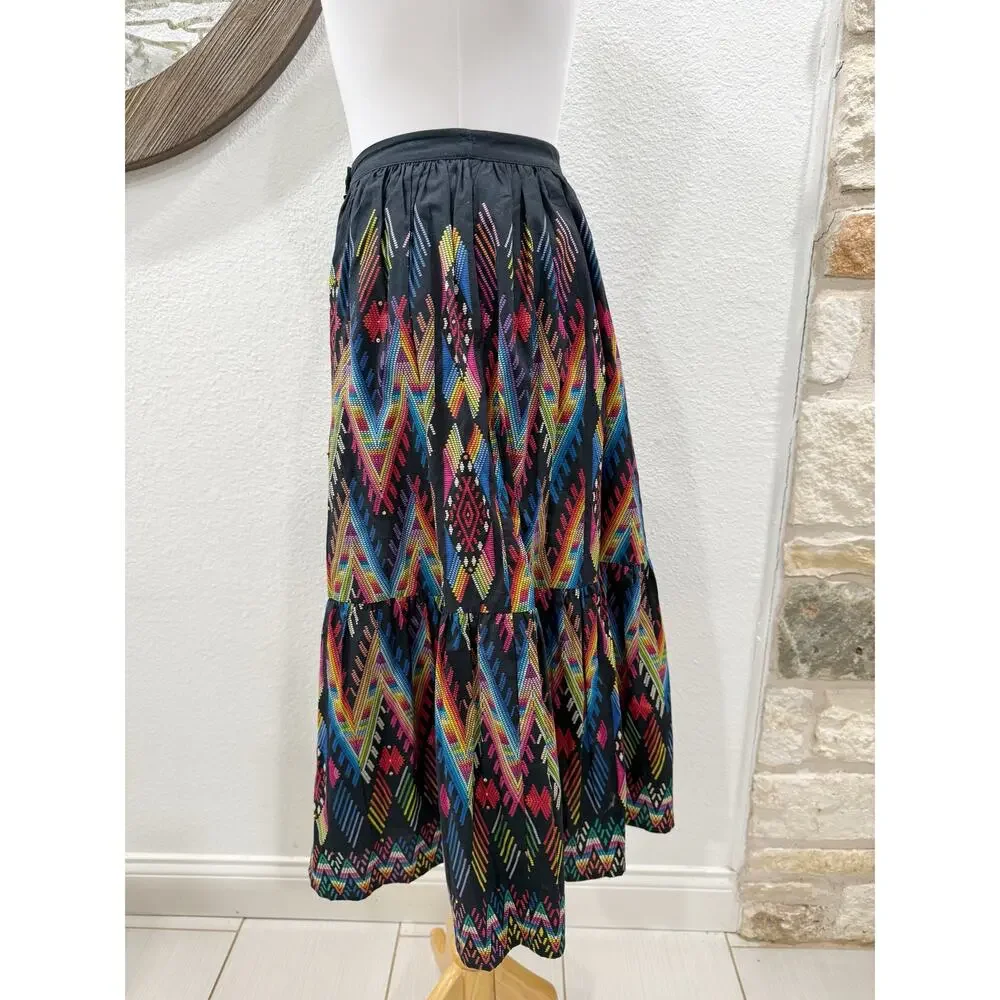 Anthropologie Tanvi Kedia Iris Tiered Midi Skirt Black Chevron Button Front XS